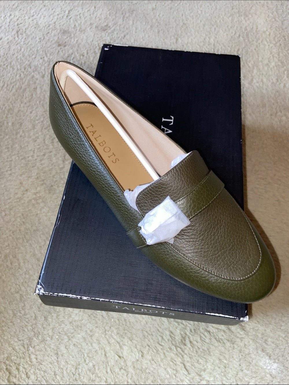 Talbots Olive Green Pebble Leather Penny Loafers